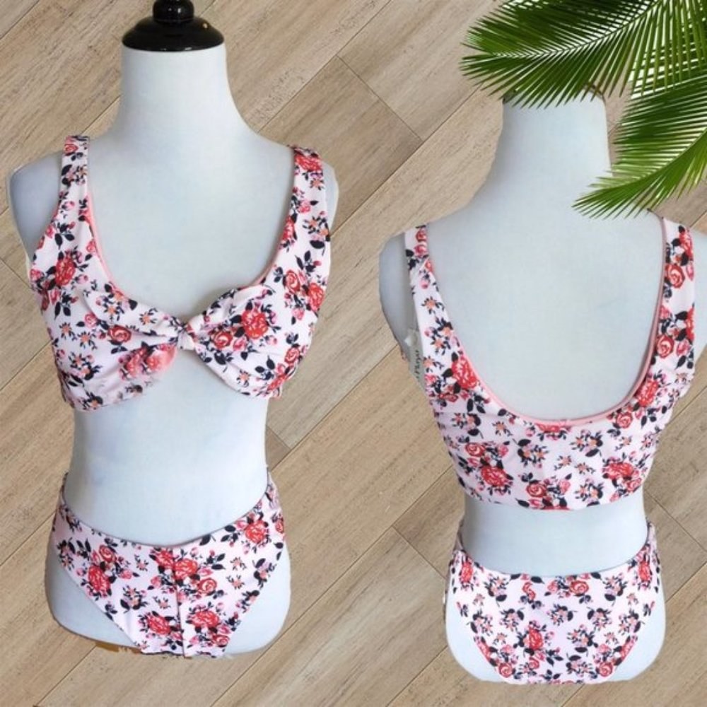 PINK PRINT FAUX TIE TWO PIECE SWIMSUIT
